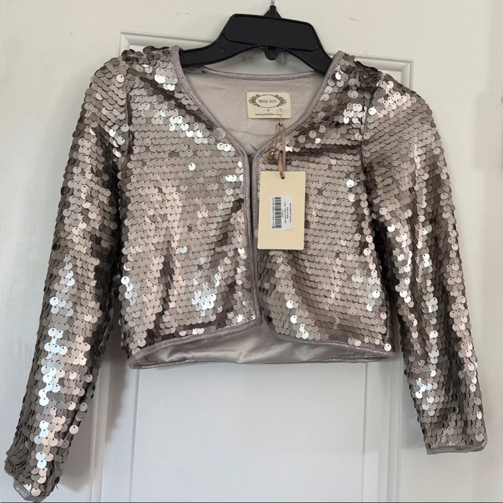 Joyfolie Sequin Crop Jacket in Silver